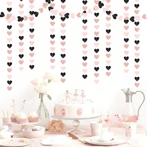 Image of Rose-Gold Black Pink Party-Decorations Heart Streamers Garland - 39FT Baby Girls Shower Hanging Paper Banner Christmas Wedding Engagement Bachelorette Bridal Shower Backdrop Valentines Decor