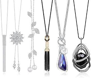 Dochais 6 pcs Long Pendant Necklaces for Women Girls, Disk Circle Tassel Knot Bar Necklace Strands Y Simple Sweater Chain Statement Necklace Set Silver Black