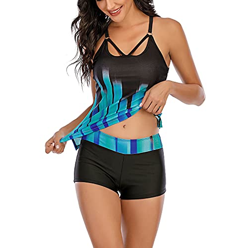 Tankini femme bleu floral taille L : maillot de bain vintage halter amincissant pour la plage