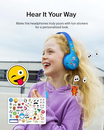 Belkin SoundForm Mini Kids Wired Headphones with USB-C to 3.5mm Dongle, Built-in Mic & Fun Stickers, 85dB Max Volume – for Online Learning, Travel, Compatible with iPhone, iPad, Galaxy, etc - Blue