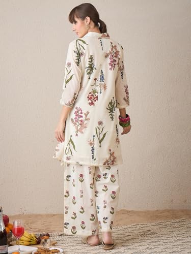 Image of INDO ERA Women's Pure Cotton Embroidered Straight Kurta & Palazzo Set | cotton kurta sets for women