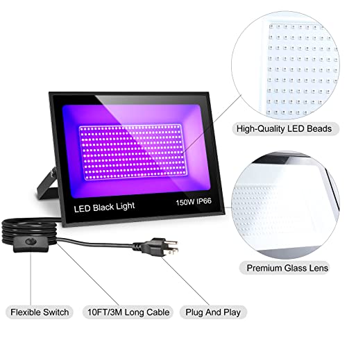 Shgpoda 2 Pack 150W Led Black Lights Flood Light With Plug And Switch(10Ft Cable), Ip66 Waterproof 385-400Nm Purple Outdoor Floodlight For Blacklight Party, Stage Lighting, Fluorescent, Halloween #TOP2