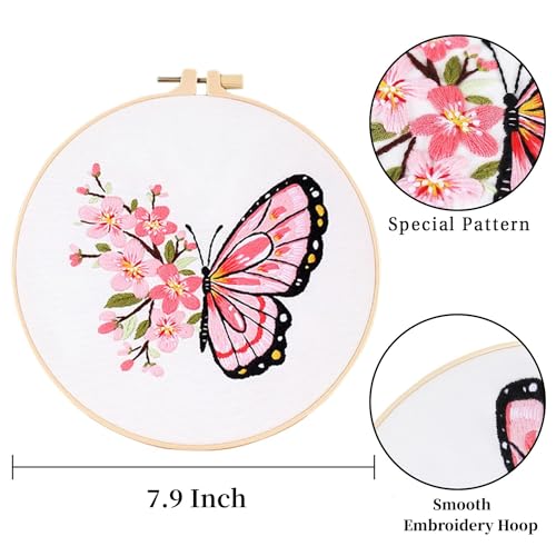 Image of LB Butterfly Embroidery Kit for Beginners Adults, 3 Sets Hand Embroidery Starter Kit with Flower Pattern and Instructions Stamped Cross Stitch Kits Include Embroidery Hoop Needles Threads Scissors