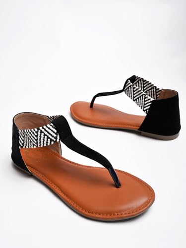 Image of Shoetopia Women's Ethnic Style T-Strap Sandals Chevron Ankle Strap Flats for Casual & Festive Comfortable & Stylish Party