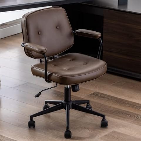 Ya-Home Modern Swivel Office Desk Chair with Armrest, Comfy Height Adjustable Computer Chair with Wheels, Mid Back Tufted Button Desk Chair for Home Office, PU Brown, 1pc Cover