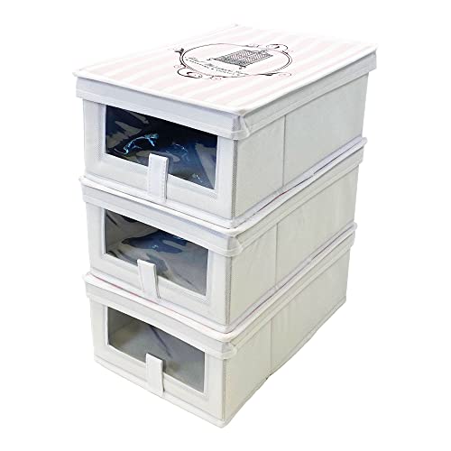 Total Wardrobe Care 3x Shoe Storgae Box, Shoe Organiser, Storage Solution, Foldable, Each Shoe Box: 13 x 22.5 x 34.5cm (Pink)