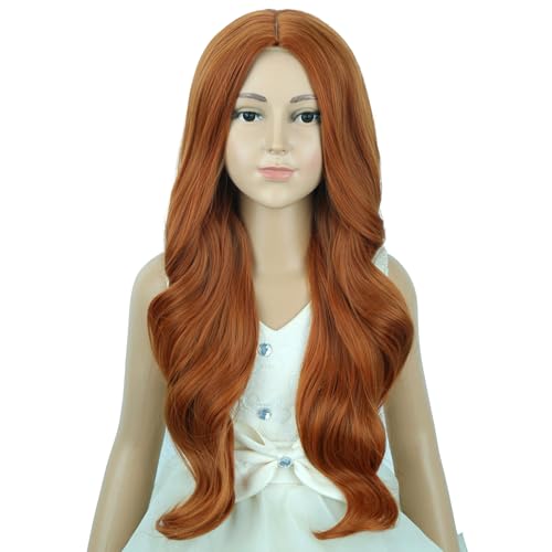 Image of Child Ginger Wig Girls Long Dark Orange Wavy Curly Wig Long Middle Part Wigs for Kids Heat Resistant Synthetic Wigs with Cap