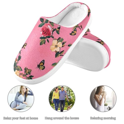 JUNZAN Aesthetic Rose Hot Pink Mens House Cotton Slipper Comfy Memory Foam Bedroom Shoes for Indoor Birthday Presents 6-73