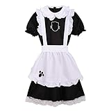 Damen Dienstmädchen Outfit Dessous Anzug Cosplay Kostüm Puff Ärmel Spitze Trim Kleid mit Schürze Manschetten Choker Kopfbedeckung.