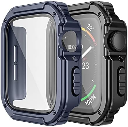 Adepoy 2 Pack Rugged Case Compatible for Apple Watch Series 8/7 45mm with Tempered Glass Screen Protector, Military Grade Hard TPU Bumper Overall Shockproof Protective Cover for iWatch(Black/Black)