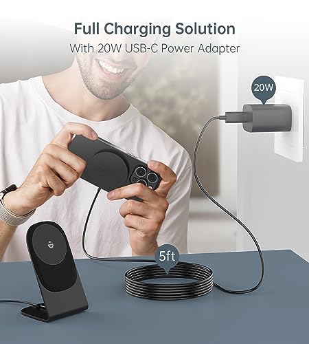 Image of Magnetic Wireless Charger for iPhone 17-12 Series + Aluminum Charger Stand | Mag Charger+20W USB C Adapter, Fast Wireless Charging Stand /Pad with 5ft USB-C Cable for iPhone 17 /16 /15 /14 /13 /12, Airpod Pro