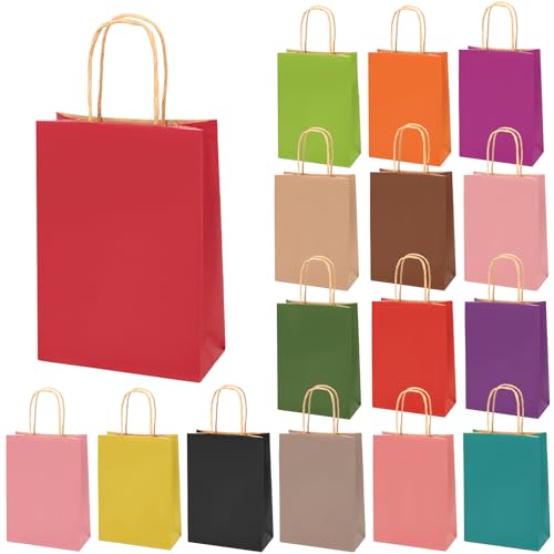 Koogel Papiertüten Bunt, 32 Stück Geschenktüten, Papiertüten mit henkel, Candy Tüten, Partytüten zum Verpacken von Kindergeburtstag, Party, Geschenken, Hochzeiten, Feiern (14 x 7 x 20 cm）