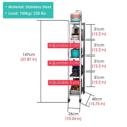 Scaffale da cucina sottile a 5 ripiani su ruote, extra alto, in acciaio inox, per piccoli spazi (26 x 40 x 147 cm) – perfetto per nizing cucina essenziale