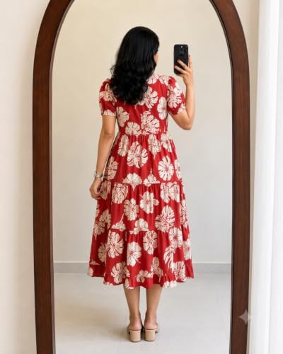 Image of Women's Rayon A-Line Midi Dress, Floral Print, Short Sleeves, Tiered Design, Round Neck, for Summer Wear