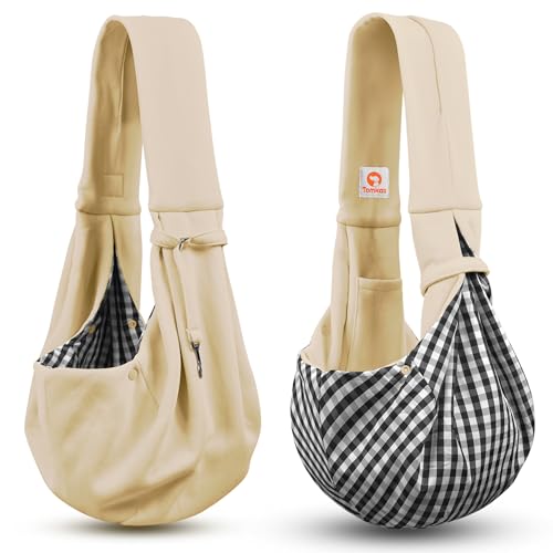 Image of Tomkas Small Dog Cat Sling Carrier Puppy Purse Travel Wrap Soft Crossbody Pet Bag (Cream, M - Classic Pocket & Classic Strap)
