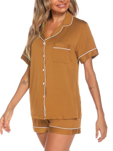 Image of Aamikast Button Up Pajama Set for Women Shorts Short Sleeve Knit Sleepwear 2 Pice Pjs Sets