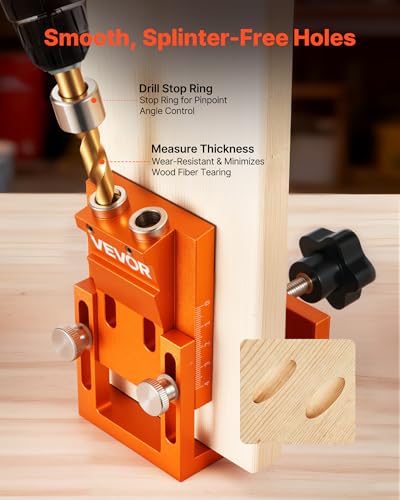 Image of VEVOR Pocket Hole Jig Kit, 0.47 to 1.89 in Adjustable, Jig Pocket Hole System with Step Drill, Hex Wrench, Drill Stop Ring, Square Drive Bit, Plugs and Screws, Reinforced Metal Frame, for Woodworking