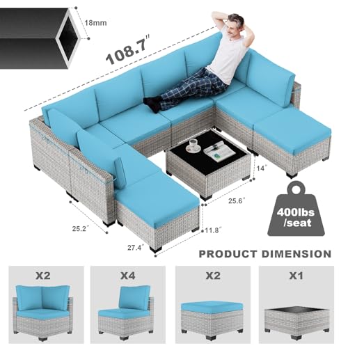 Image of Outdoor PE Wicker Rattan Modular Patio Sectional Sofa Set | 9-Piece: 6 Modular Seats, Coffee Table & 2 Ottomans, Lake Blue