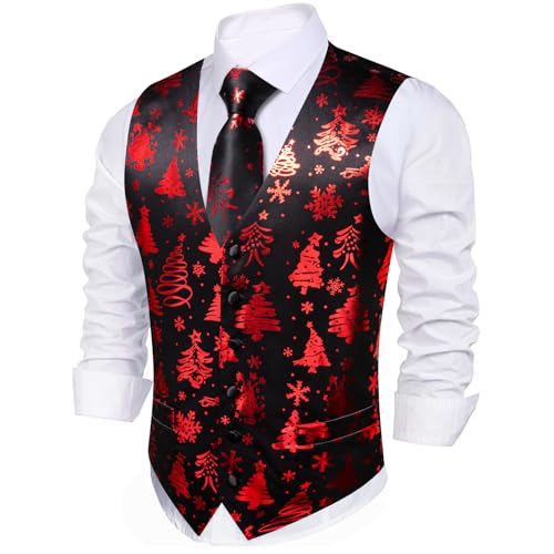 Image of Barry.Wang Mens Red /Green Christmas Suit Vest Holiday Xmas Waistcoat Tie Set Party Tuxedo