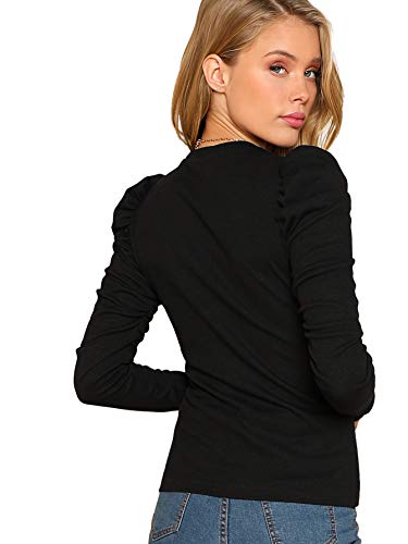 Floerns Women's Solid Puff Sleeve Crew Neck Casual T Shirt Top Aa Black M #TOP3