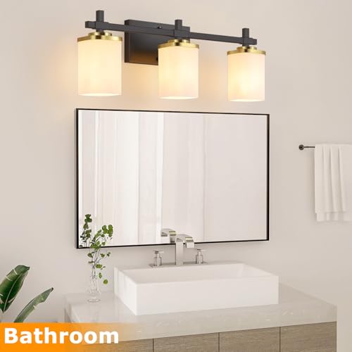 Spiglamm 3-Lights Black and Gold Bathroom Lighting Fixtures Over Mirror, Anti-Rust Vanity Wall Lights for Bathroom with Milky White Frosted Glass Shades, Modern Bath Wall Lamp for Living Room Bedroom by Spiglamm - Used condition - Image 6