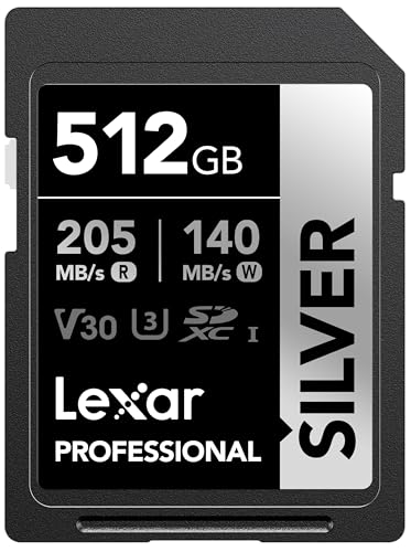 Lexar 512GB Professional Silver SD Card, UHS-I, C10, U3, V30, 4K, Up to 205/140 MB/s SDXC Memory Card, for Professional Photographer, Videographer, Enthusiast (LSDSILV512G-BNNNU)