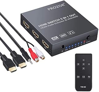PROZOR 5 IN HDMI Audio Extractor 4K HDMI Switcher with Toslink SPDIF 3.5mm RCA R/L Output with IR Remote HDMI Cable 3.5mm Male to 2 RCA Female Cable for Converting DVD PC to HDTV Soundbar etc