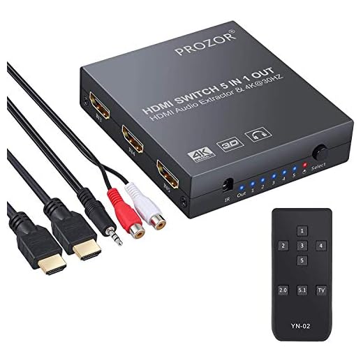 PROZOR 5-tums HDMI ljudextraktor 4K HDMI-omkopplare med Toslink SPDIF 3,5 mm RCA R/L-utgång med IR-fjärrkontroll HDMI-kabel 3,5 mm hane till 2 RCA hona kabel för konvertering av DVD PC till HDTV Soundbar etc