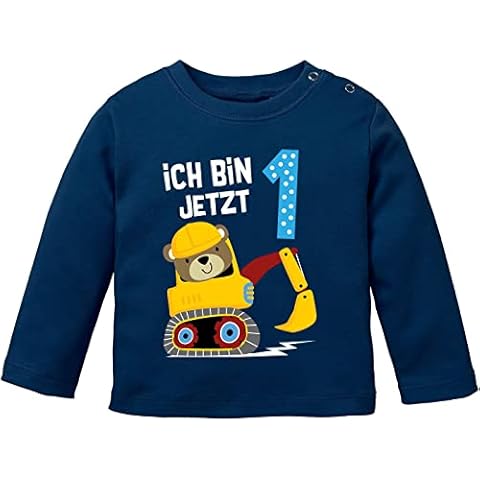 MoonWorks® Baby Langarm-Shirt erster | zweiter Geburtstag Bär Bagger Bauarbeiter Baggerfahrer Geburtstagsshirt Bio-Baumwolle Junge 1 Jahr Navy 80/86 Cover