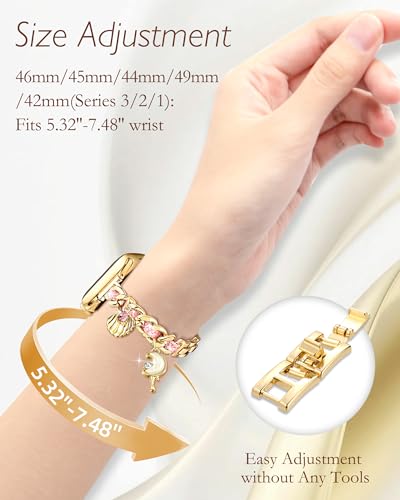 Image of Slim Gold Metal Band Compatible with Apple Watch Bands for Women 38mm 40mm 41mm 42mm 44mm 45mm 46mm, Dressy Designer Charm Bracelet Thin iWatch Bands for SE 3 2 1 Series 11 10 9 8 7 6 5 4 3 2