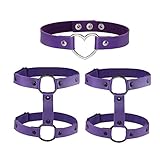 JJDreams Punk Gothic Choker Neckalce Love Heart Ring Purple PU Leather Collar and 2pcs Gothic Double