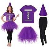 Mepase 4 Pcs Crayon Costume Set Crayon T Shirt Tutu Skirt Gnome Cone Hat Leggings for Women Group Team Outfit(Purple,L)
