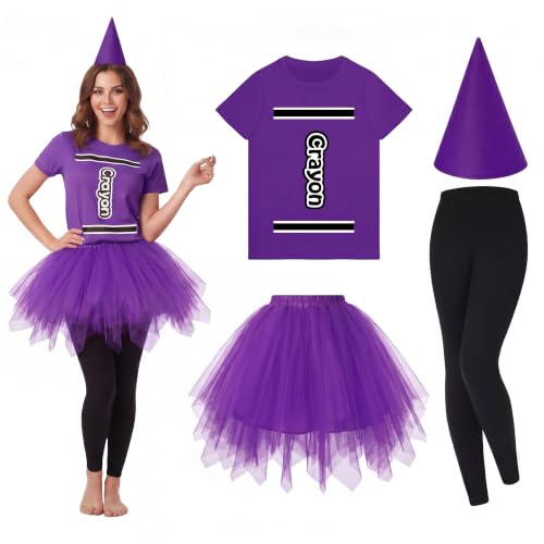 Mepase 4 Pcs Crayon Costume Set Crayon T Shirt Tutu Skirt Gnome Cone Hat Leggings for Women Group Team Outfit(Purple M)