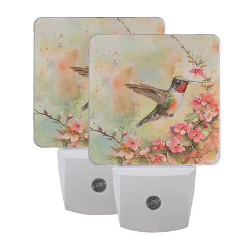 Image of Flower Hummingbird Night Lights 2 Pack Plug-in Wall Led Nightlight Auto Dusk-to-Dawn Sensor Lamps for Bedroom Kitchen Bathroom