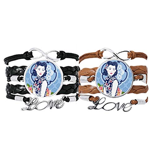 Bracelet la culture chinoise fleur bleue cordon ajustable en cuir tressé