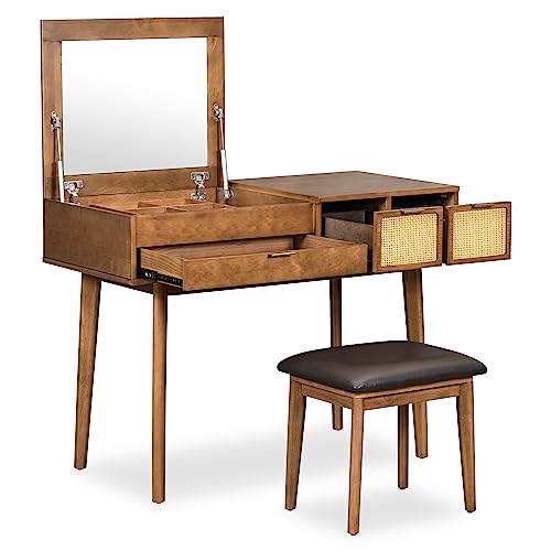 Image of Vanity Table Set with Flip-top Mirror and Cushioned Stool, 43.3 inch Classic Wood Makeup Vanity Set, Dressing Table with 3 Woven Rattan Drawers and Storage Space for Bedroom (Brown with Flip-top Mirror)