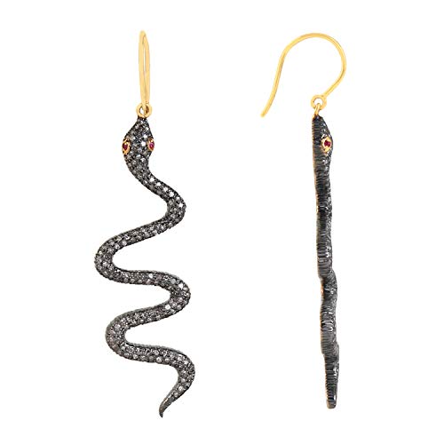 Natural Diamond Earrings in Gold plated Sterling Silver Black Brown Snake Animal Dangle Earrings 0.04 Carat Ruby Eyes 0.80 Carat Brown Natural Diamonds (I2-I3 Clarity) For Women