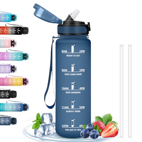 Grsta Borraccia 1 Litro, con Cannuccia Senza Perdite, Motivazionale con Scala Temporale, per Bere di Piu, Facile da Pulire, per Sport, Fitness, Escursionismo, Yoga, Blu Navy