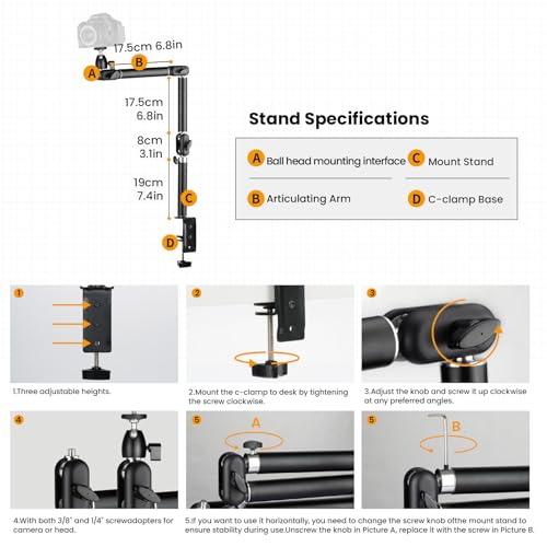 Trípode de mesa ajustable TARION soporte brazo articulado de mesa con abrazadera para cámara 5