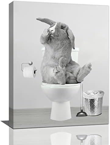 Bathroom Rabbit Wall Art Black And White Funny Rabbit Pictures Wall Decor Cute Bunny In Toilet Canvas Prints Framed Modern Painting Artwork for Bath Lavatory Washroom Restroom Living Room 12"x16"