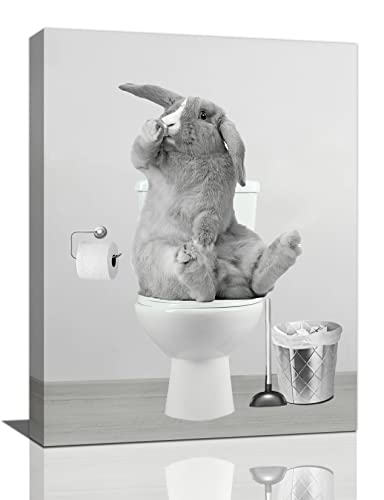 Bathroom Rabbit Wall Art Black And White Funny Rabbit Pictures Wall Decor Cute Bunny In Toilet Canvas Prints Framed Modern Painting Artwork For Bath Lavatory Washroom Restroom Living Room 12"X16" #TOP3