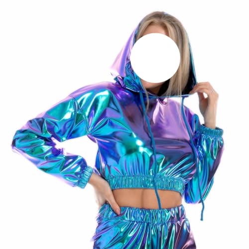 SNOMYRS Rave Outfit Plus Size Metallic Tops Langärmelige Kapuze Sportbekleidung Reflektierende holographische Musik Festival Outfits