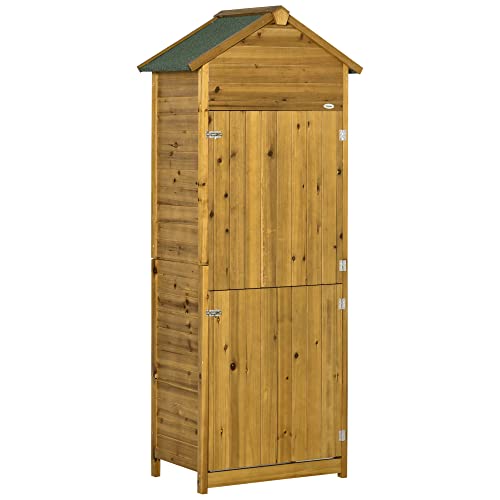 Outsunny Armario de Jardín de Madera 79x49x191,5 cm 0,28 m² Cobertizo para Almacenaje de Herramientas con Techo Asfáltico 3 Estantes y 2 Puertas con Cerrojo para Exterior Terraza Natural