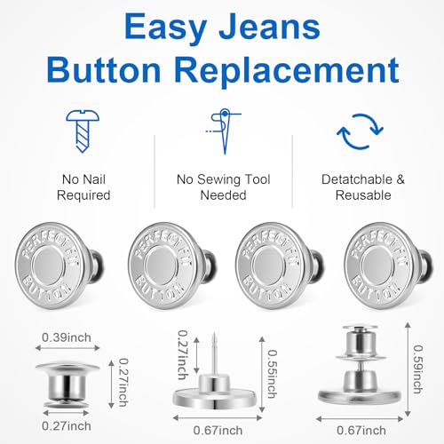 Image of Ceryvop12 Sets Button Pins for Loose Jeans, No Sew and No Tools Instant Replacement Snap Tack Pant Button, Reusable and Adjustable Metal Pants Button Tightener