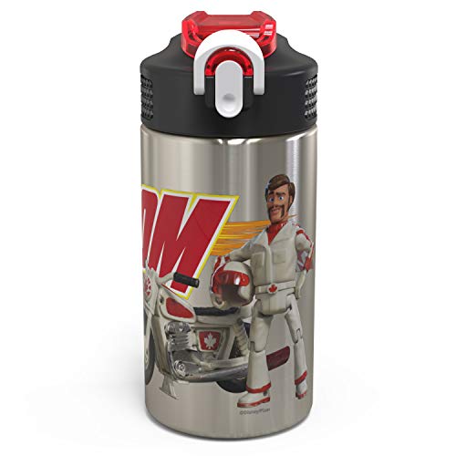 Zak Designs Toy Story 4 Duke Caboom Stainless Steel Non-BPA Water Bottle 15.5 oz with One Hand Operation Action Lid and Built-in Carrying Loop, Water Bottle with Straw is Perfect for Kids
