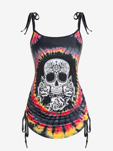 Rosegal Womens Plus Size Skull Rose Tie Dye Print Cinched Ruched Tie Boyshorts Tankini Swimsuit Set2