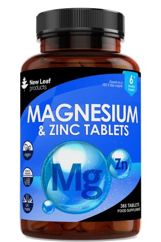 Magnesium Supplements with Zinc 365 Tablets – Bones, Muscle Immune Support Easy to Swallow Sleep Supplement Vegan, GMO-Free, Gluten-Free, UK Made by new Leaf