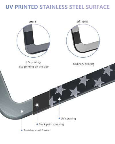 BGGTMO American Flag License Plate Frames- Black Stainless Steel Car Tag Holder Printed with USA Flag Pattern, 4 Hole 2 Pack with Screws Caps Decals for Front Rear