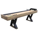 9 Foot LED Shuffleboard and Bowling Table, Indoor Game Room Entertainment Center with X-Base Design, Wood Finish, 108x24x31 Inches