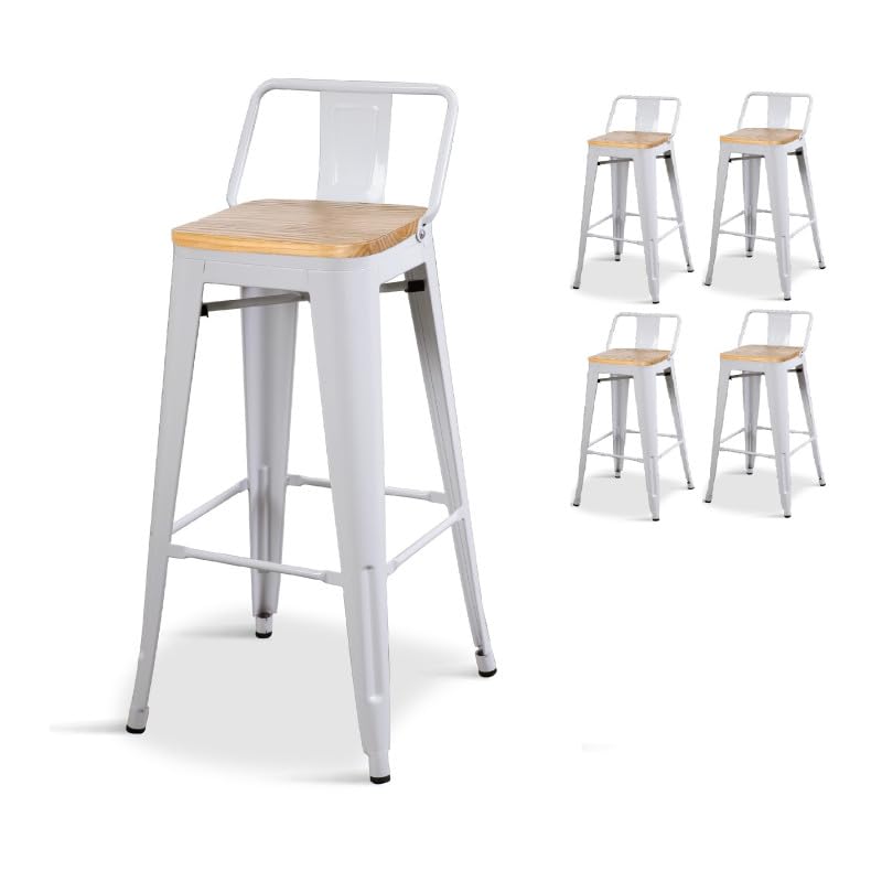 Kosmi - Juego de 4 sillas de bar, taburete alto de estilo industrial con pequeño respaldo de metal blanco mate y asiento de madera natural clara